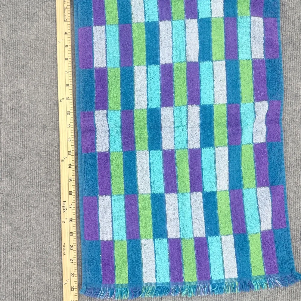 Vintage Sears Drylon 3 Piece Towel Set Blue Purple Green Geometric Fringe MCM